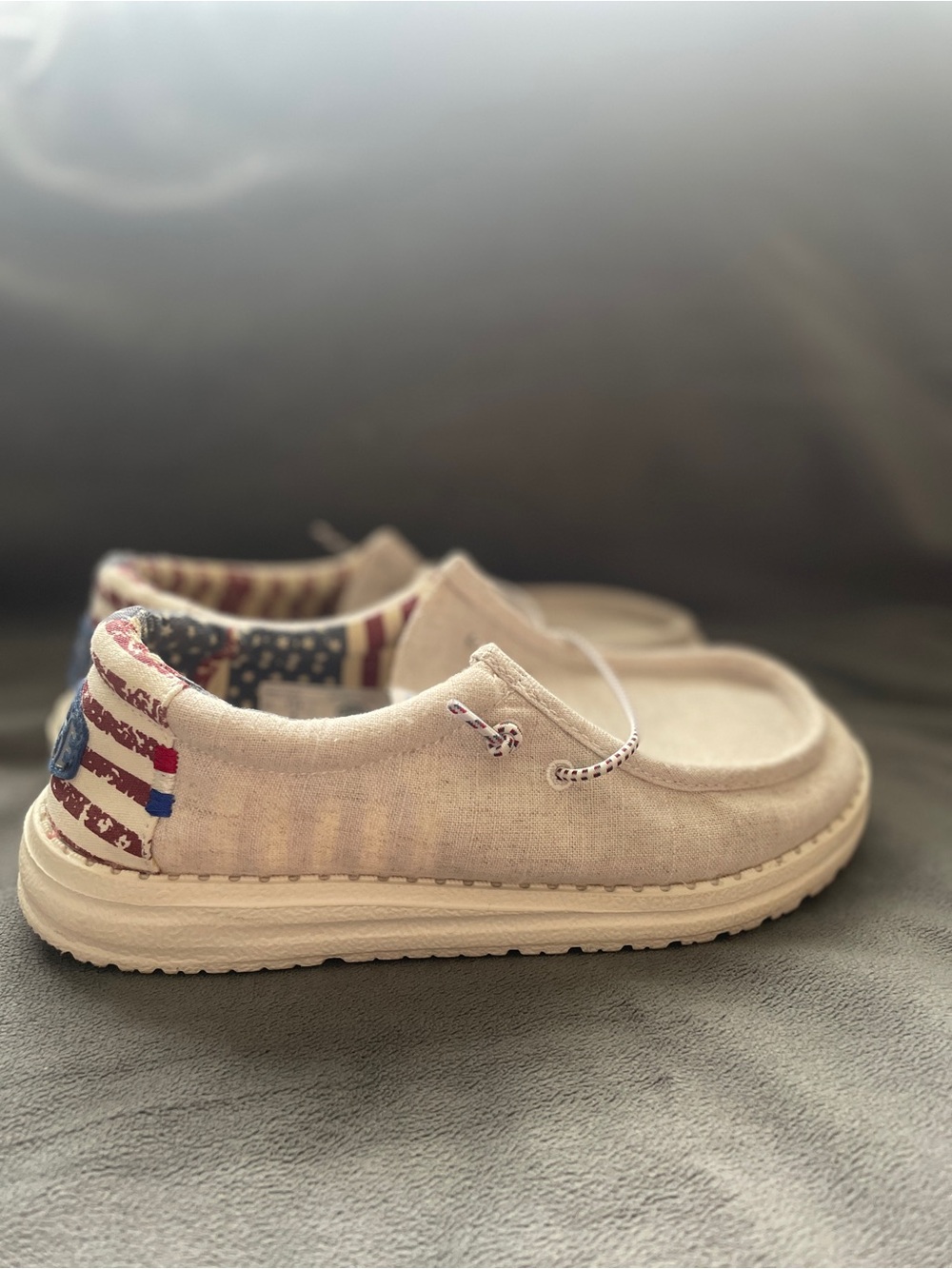 Hey Dude Beige Canvas Slip-Ons with Red & Blue Accent